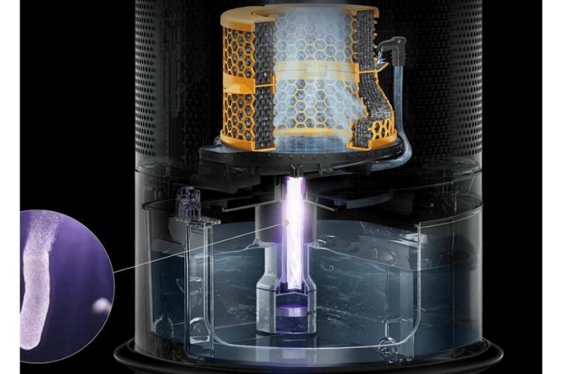 Вода в очистителе Dyson Humidify+Cool Forlamdehyde PH04 облучается источником ультрафиолетового света.